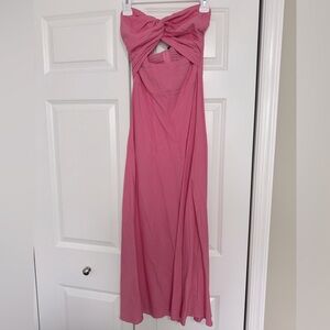 Strapless pink linen midi dress
